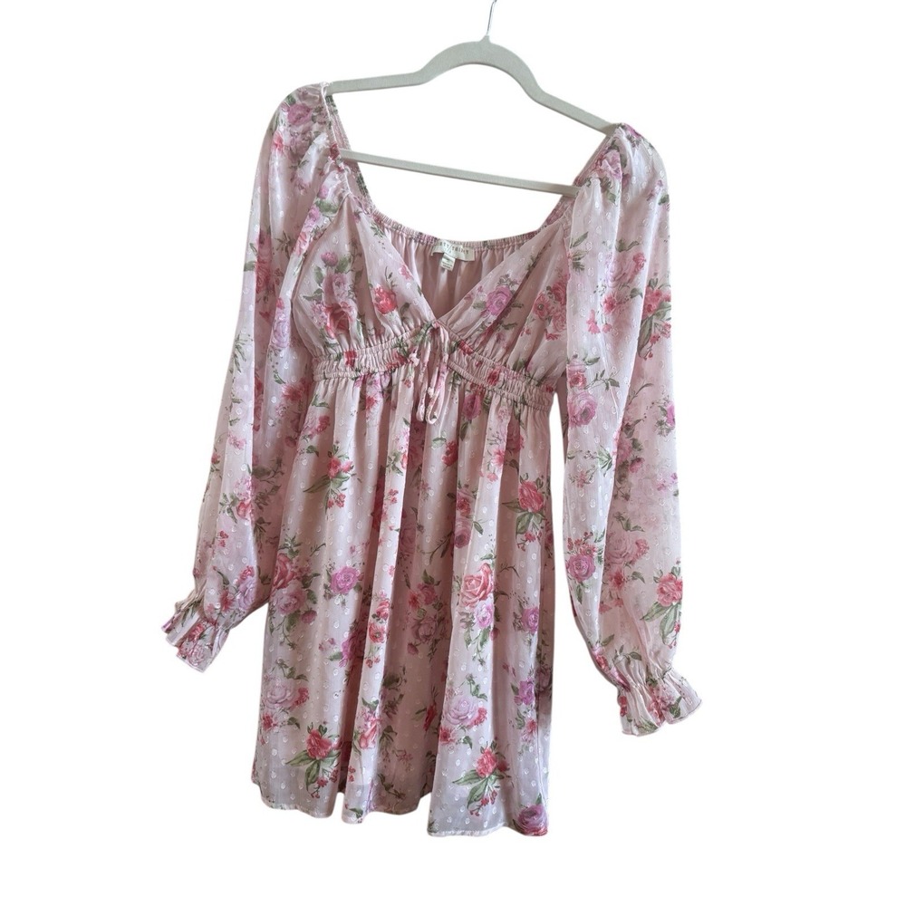 Thirty Thirty Pink Floral Baby Doll Mini Dress Small Smocked Bodice Puff Sleeves